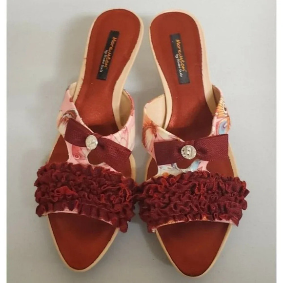 Morenatom Studio Scala Burgundy Ruffle Pink Print Kitten Heel Slides Sz38 (7) - Picture 6 of 11